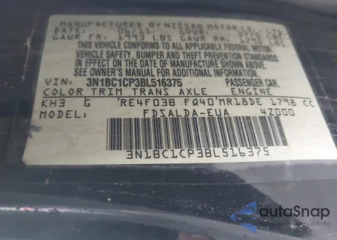 2011 Nissan Versa 1.8S z USA, uszkodzony, nr VIN 3N1BC1CP3BL516375